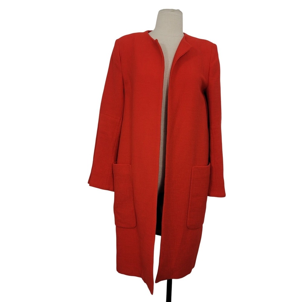 Zara Outerwear Bell Sleeve Open Coat Sz S Red Orange‎ Crepe Textured Mid Length